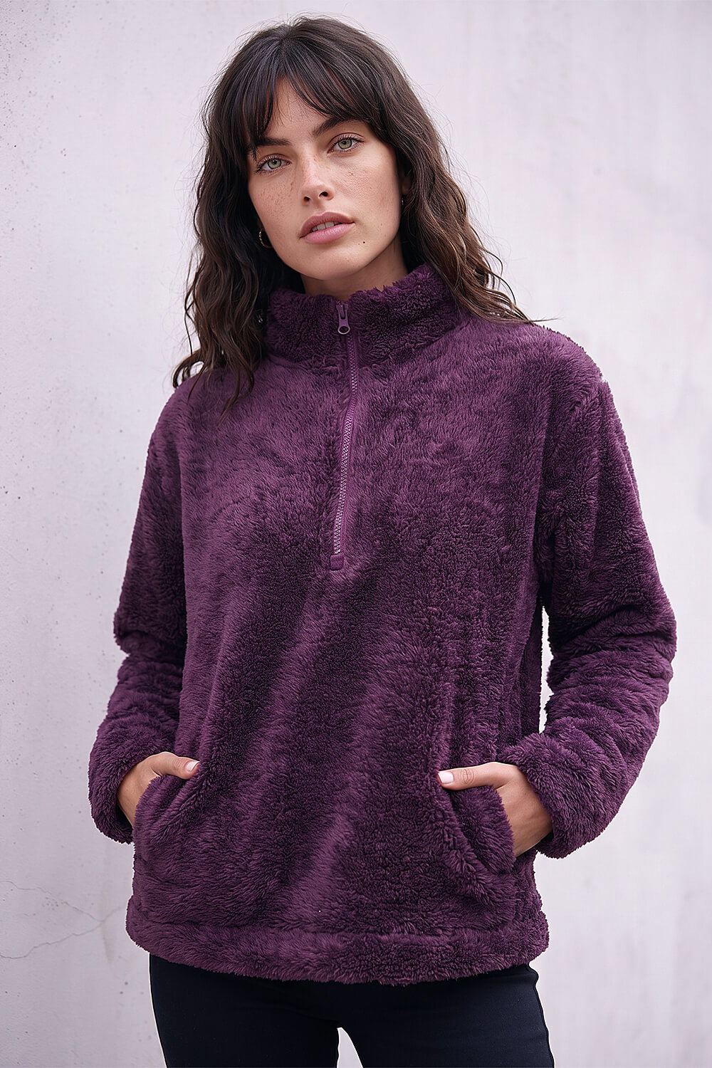 Roman Women's Burgundy Sherpa Zip Neck Fleece Jacket Size 16