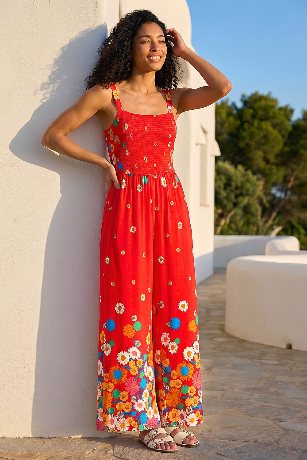 Red Floral Border Print Shirred Jumpsuit, Image 4 of 4