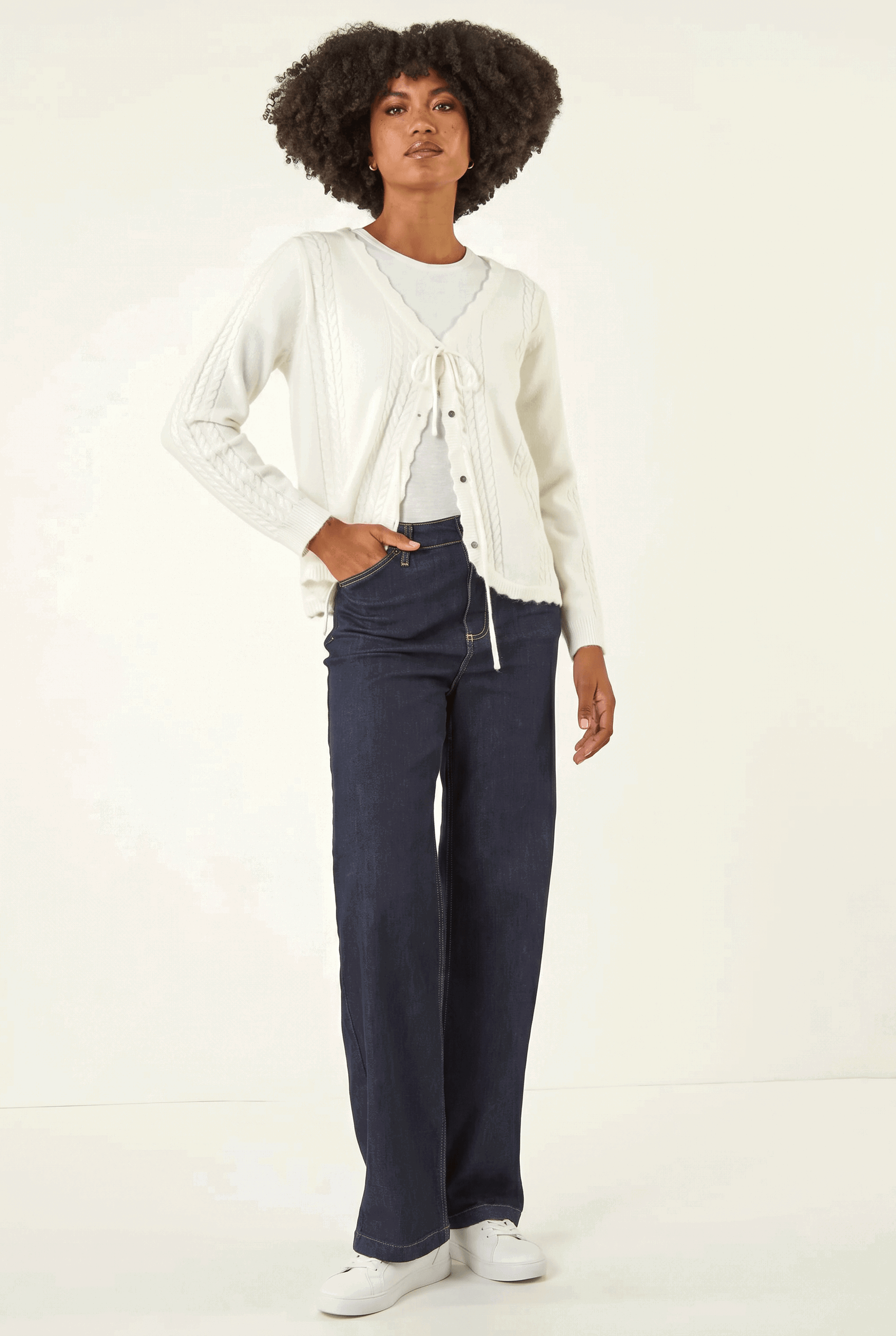 Ivory Bow Front Buttoned Knit Cardigan, Image 3 of 5