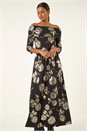 Gold Floral Foil Bardot Midi Dress, Image 4 of 5