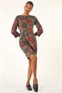 Dark Orange Patchwork Print Shift Pocket Dress, Image 2 of 5