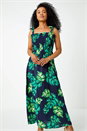 Navy  Petite Tropical Print Shirred Maxi Dress, Image 4 of 5