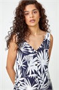 Navy  Sleeveless V-Neck Palm Print Button Cami, Image 4 of 5