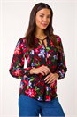 Red Floral Print Tie Neck Stretch Top, Image 4 of 5