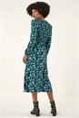 Teal Floral Print Shirred Stretch Midi Dress, Image 3 of 5
