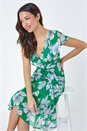 Green Floral Print Chiffon Frill Wrap Midi Dress, Image 1 of 5