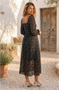 Black Abstract Polka Dot Shirred Midi Dress, Image 3 of 4