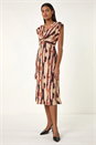 Tan Abstract Print V-Neck Twist Midi Dress, Image 1 of 5