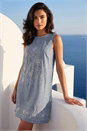 Denim Embroidered Swing Mini Dress , Image 3 of 4