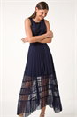 Navy  Pleated Lace Detail Midi Dress, Image 2 of 6