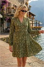 Khaki Aztec Print Button Stretch Swing Dress, Image 2 of 4