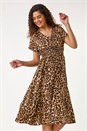 Tan Animal Print Shirred Midi Dress, Image 2 of 5