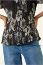Black Floral Print Pleated Short Sleeve Top, Image 5 of 5