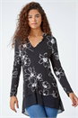 Black Floral Print Chiffon Hem Stretch Top , Image 1 of 5