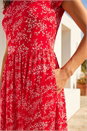 Red Ditsy Gathered Skirt Stretch Midi Dress, Image 4 of 4