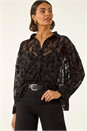Black Textured Floral V-Neck Top, Image 5 of 6