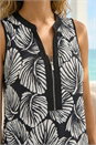 Black Leaf Print Zip Front Stretch Top, Image 4 of 4