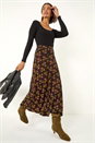 Black Floral Print Stretch Midi Skirt , Image 2 of 7