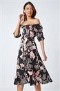 Black Floral Linen Blend Bardot Midi Dress, Image 1 of 6