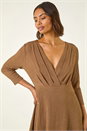Taupe Textured Wrap Midi Dress, Image 4 of 5
