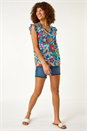 Blue Floral Printed Frill Sleeve Top, Image 2 of 5