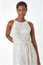 Silver Halter Neck Sequin Midi Stretch Dress, Image 3 of 6