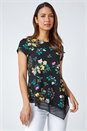 Black Floral Chiffon Hem Stretch Top, Image 1 of 5