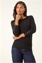 Black Sparkly Diamante Button Scallop Edge Jumper, Image 4 of 5