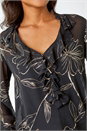 Black Metallic Floral Print V-Neck Ruffle Top, Image 5 of 5