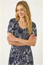 Navy  Patch Print Gathered Stretch Dress, Image 4 of 5