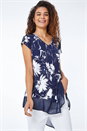 Navy  Floral Asymmetric Chiffon Hem Top, Image 4 of 5