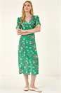 Green Floral Ruched Sleeve Dress, Image 2 of 5
