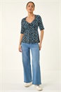 Navy  Petite Abstract Print Drawstring Top, Image 2 of 5