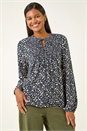Navy Printed Shirred Tie Neck Top, Image 4 of 5