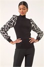 Black Animal Print Mesh Sleeve Knit, Image 4 of 5
