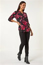 Red Textured Floral Print V-Neck Stretch Shirt, Image 3 of 5