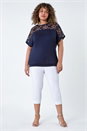 Navy  Curve Lace Yoke Stretch Bubble Hem Top, Image 4 of 5