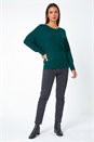 Green Ribbed Geometric Print Batwing Jumper, Image 2 of 5