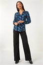 Black Print Tie Neck Stretch Top, Image 2 of 5