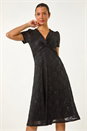 Black Sequin Lace Twist Front Midi Dress, Image 2 of 5