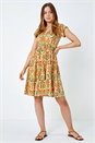 Khaki Aztec Print Tiered Tea Dress, Image 1 of 5