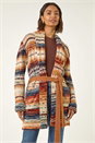 Brown Jacquard Knit Belted Cardigan, Image 4 of 5
