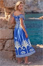 Royal Blue Leaf Print Shirred Bardot Dress, Image 3 of 4