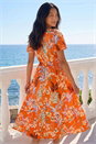 Orange Petite Leaf Print Shirred Midi Dress, Image 2 of 4