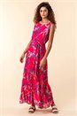 Red Tropical Print Pleated Maxi Dress, Image 3 of 4