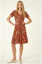 Red Floral Print Button Stretch Tea Dress , Image 1 of 5