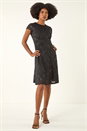 Black Sequin Fluted Hem Lace Stretch Dress, Image 3 of 6