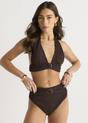 Brown Textured High Waisted Bottoms with Ring Belt, Image 1 of 4