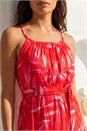 Red Floral Print Belted Strappy Dress, Image 4 of 4