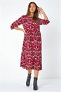 Red Abstract Print Tiered Smock Midi Dress, Image 1 of 5